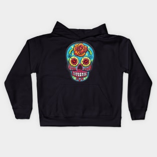 Sugar SKULL Blue mexican embroidery day of the dead flowers colorful calaverita Kids Hoodie